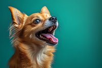 Portrait of happy Chihuahua dog with long fur smiling against turquoise background, showing white teeth and pink tongue, looking up with bright expression.