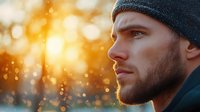 Young bearded man in winter hat looking into distance against golden sunset bokeh background, profile view portrait capturing contemplative mood.
