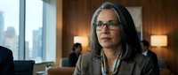 Middle-aged woman with long gray hair and glasses wearing business attire in modern office setting with colleagues and city skyline view for corporate and professional concepts.