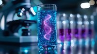 Glowing DNA helix structure floating in blue liquid inside laboratory glass tube with microscope and research equipment in background, science concept.