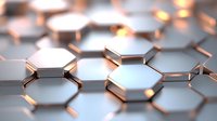 Metallic hexagonal pattern with copper and silver elements creating modern technological surface texture, abstract background with depth and lighting effects.