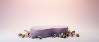 Purple cylindrical podium platform with golden spheres and floral decorations on gradient pink background for product display and presentation.