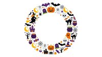 Halloween wreath with pumpkins, bats, ghosts, witches, moons, and spiders arranged in circular frame on white background, isolated clipart for seasonal designs.