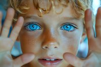 Close up portrait of young child with bright blue eyes and freckles pressing hands against glass, creating intimate and engaging perspective. Artistic lifestyle photo.