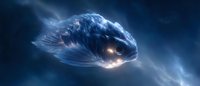 Luminous deep sea creature glowing in dark ocean waters, mysterious marine life form with bioluminescent features swimming through misty underwater currents.