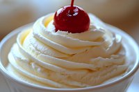 Creamy swirled soft serve vanilla ice cream topped with bright red maraschino cherry in white ceramic bowl, macro food photography showing texture details.