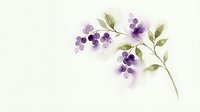 Delicate watercolor branch with purple violet flowers and green leaves on white background, soft botanical art for cards and decor.