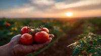 Fresh ripe tomatoes on vine held in farmer's hand against sunset background in agricultural field, warm evening light illuminating organic produce.