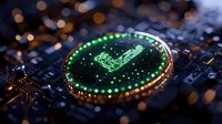 Glowing green cryptocurrency symbol on electronic circuit board with bokeh light effects, digital finance concept for blockchain technology.