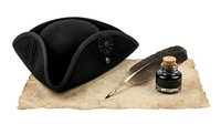 Tricorn hat with feather quill and ink bottle on aged parchment paper, isolated on white background for design and creative projects.