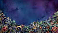 Ornate mandala border with gold filigree scrollwork and colorful gemstone flowers frames a deep blue and purple starry night sky background, suitable for invitations and designs.