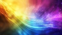 Vibrant rainbow aurora waves with glowing particles and light streaks create dynamic motion against dark background, suitable for cosmic designs and abstract layouts.