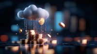 Cloud computing financial technology with stacks of coins and glowing dollar symbols in digital rain pattern against dark bokeh background.