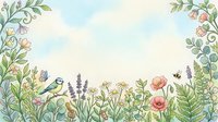 Watercolor floral border frame with blue tit bird, bee, butterfly, roses, lavender, and chamomile on soft sky background with copy space.