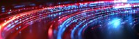 Abstract digital data streams in red and blue light trails against dark background, representing technology, connectivity, and information flow in cyberspace.