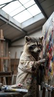 Raccoon artist wearing glasses and paint-splattered apron creating artwork on canvas in bright art studio with skylight for creative design projects.