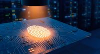 Glowing fingerprint on a circuit board microchip with data center background, representing digital security and biometric technology.