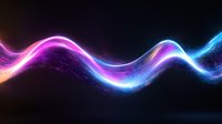 Glowing neon wave lines with pink and blue colors flowing on dark background, abstract light effect with particles and motion blur for technology design.