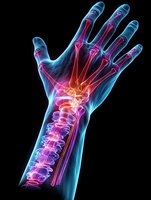 Glowing x-ray visualization of human hand and wrist bones showing joint inflammation and pain areas highlighted in red and pink against blue skeletal structure.
