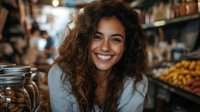Young woman with curly hair and bright smile in casual sweater at local market or cafe, warm atmospheric lighting creates cozy authentic mood.