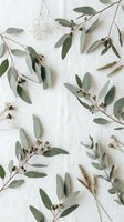 Eucalyptus branches with seed pods and dried flowers arranged on white linen fabric creating natural botanical flat lay composition for organic wedding decor.