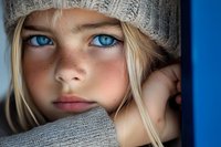 Close up portrait of young blonde woman with striking blue eyes wearing knit winter hat and sweater, natural freckles and minimal makeup, dramatic lighting.