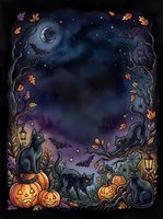 Spooky autumn night scene with black cats, jack-o-lanterns, bare branches, falling leaves, crescent moon, stars, bats, and glowing lanterns. Perfect for Halloween designs and seasonal projects.