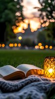 Open book on knitted blanket with glowing lantern at sunset in park, bokeh lights in background creating cozy atmospheric evening scene on green grass.