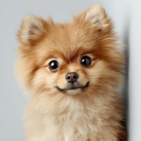 Adorable Pomeranian puppy with fluffy orange-tan fur and expressive brown eyes against neutral gray background, perfect for pet care advertising.