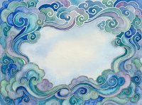 Watercolor swirling clouds frame with decorative spirals in blue green purple tones creating ornate border for text or design elements on white background.