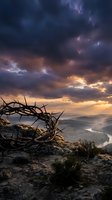 Dramatic sunset landscape with gnarled thorny branches on rocky cliff overlooking misty valley and winding river below, moody storm clouds with golden light breaking through.