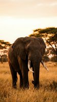 African elephant walking through golden savanna grassland at sunset with acacia trees in warm light, suitable for wildlife, nature, and travel photography projects.