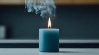 Teal blue aromatic candle with glowing flame and rising smoke against dark background, creating calm atmosphere for meditation or relaxation.