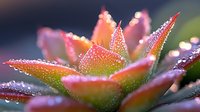 Macro photography of succulent plant petals covered in morning dew drops, displaying vibrant coral pink and orange colors with bokeh effect in background.