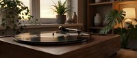 Vintage turntable on wooden cabinet in cozy living room with plants and warm lighting creating nostalgic atmosphere for music lovers and home decor.