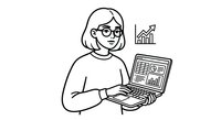 Professional businesswoman with glasses working on laptop showing financial charts and growth graphs in minimalist line art style for presentations.