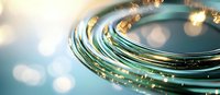 Glowing fiber optic cables with golden light effects on turquoise background, macro view showing technology connectivity and data transmission concept.