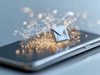 Glowing envelope icon floating above smartphone screen with magical sparkles and light particles creating ethereal digital communication concept.