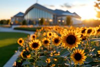 Vibrant sunflowers bloom at sunset near modern farmhouse with warm golden light, creating rustic countryside atmosphere for wedding venue and summer garden photography.