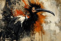 Dramatic black ibis bird portrait in expressive watercolor style with orange and beige splashes against textured background, artistic wildlife illustration.