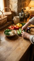 Senior woman preparing fresh vegetables in rustic kitchen with stone walls and warm lighting for healthy cooking and meal preparation.