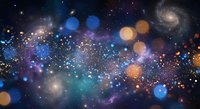 Cosmic space background with glowing particles, stars and galaxy spiral. Abstract universe scene with colorful bokeh lights and stellar dust for astronomy designs.