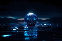 Glowing crystal sphere with blue light reflections floating above dark water surface at night, creating magical atmosphere and mysterious ripples.