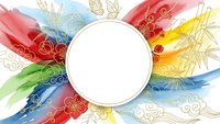 Colorful watercolor brush strokes with golden floral ornaments surrounding white circle frame for text or logo design on transparent background.