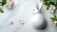 White ceramic bunny figurine on marble surface with delicate apple blossoms and scattered pink petals creating minimal spring composition for seasonal decor and celebrations.