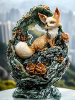 Mystical fennec fox figurine nestled in rocky cave formation with orange mushrooms and moss, fantasy art sculpture against blurred natural background.