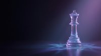 Glowing crystal chess king piece on dark purple background with dramatic lighting effects for strategic business and leadership concepts.