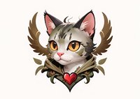 Adorable cat character with wings and heart emblem in vintage heraldic style, perfect for gaming, mascot design, or decorative art projects on white background.