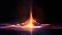 Glowing orange and purple light horizon with bright beam rising upward against dark background, creating dramatic atmospheric effect with particles and reflection.