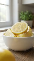 Fresh lemon slices in white bowl on wooden table in bright kitchen interior with natural sunlight and green plant background for healthy cooking.